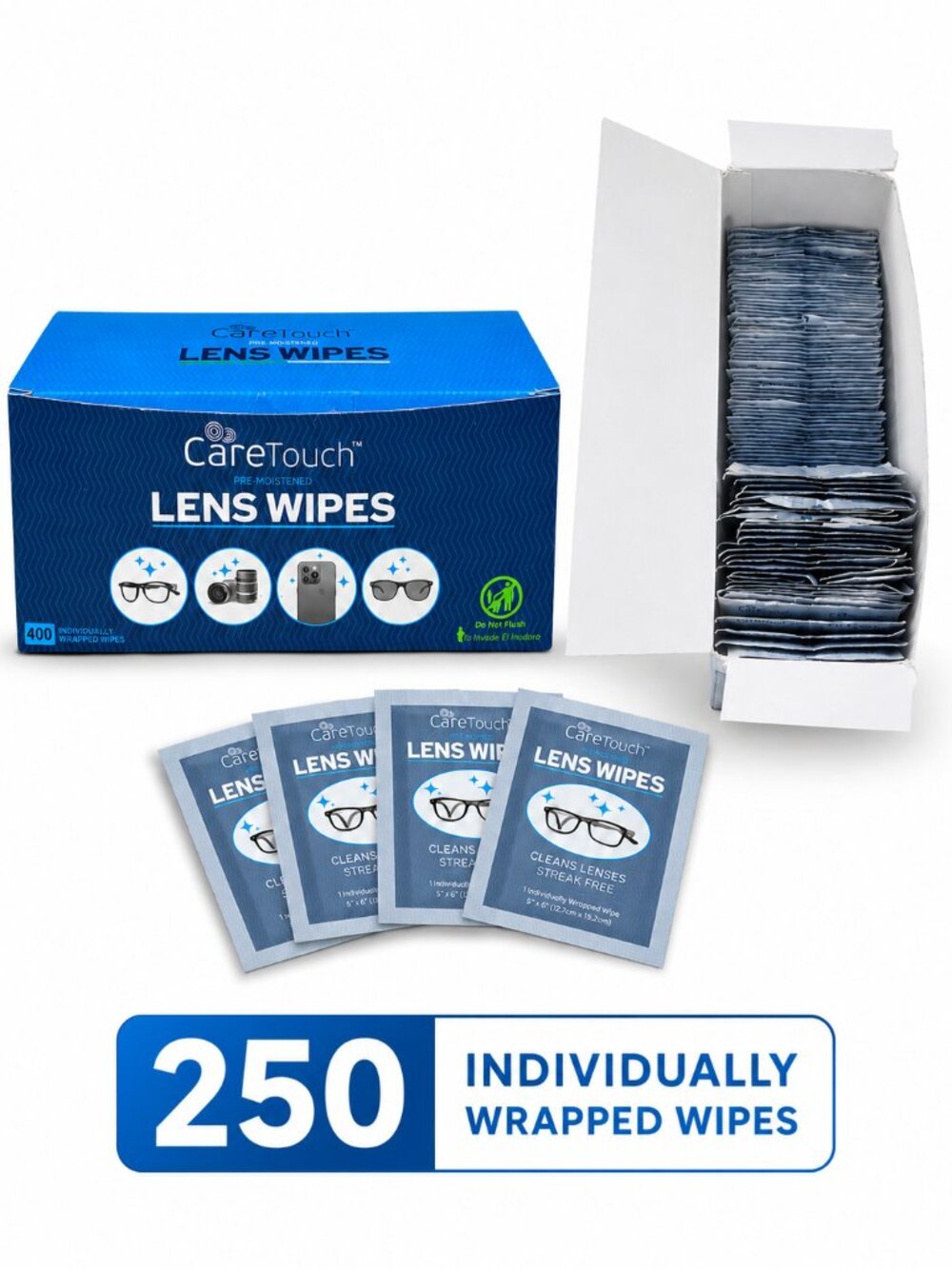 CareTouch Pre-Moistened Lens Wipes 250 Count Individually Wrapped Cleaners